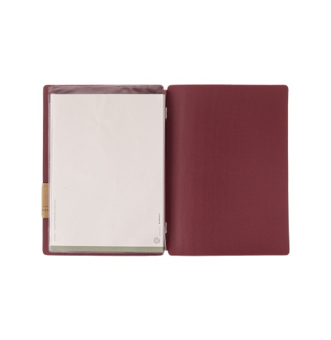 Porta Menu A5 (16,5x23,1 cm) etichetta PATCH "personalizzata" (minimo 18 pezzi) 2 buste (4 facciate) elastico rosso JUTA BORDEAU