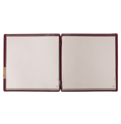 Porta Menu QUADRATO (23x23,1 cm) etichetta PATCH "personalizzata" (minimo 18 pezzi) 2 buste (4 facciate) elastico rosso JUTA BOR