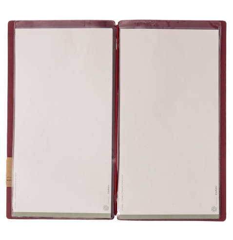 Porta Menu A4 SLIM (17,4x31,8 cm) etichetta PATCH "menu" 2 buste (4 facciate) elastico rosso JUTA BORDEAUX