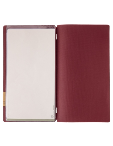 Porta Menu A4 SLIM (17,4x31,8 cm) etichetta PATCH "menu" 2 buste (4 facciate) elastico rosso JUTA BORDEAUX