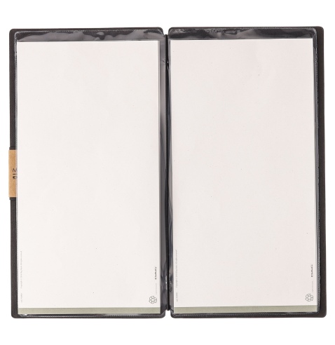 Porta Menu A4 SLIM (17,4x31,8 cm) etichetta PATCH "personalizzata" (minimo 18 pezzi) 2 buste (4 facciate) elastico nero ECOMENU 