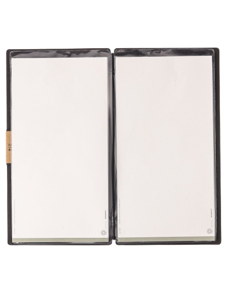 Porta Menu A4 SLIM (17,4x31,8 cm) etichetta PATCH "personalizzata" (minimo 18 pezzi) 2 buste (4 facciate) elastico nero ECOMENU 