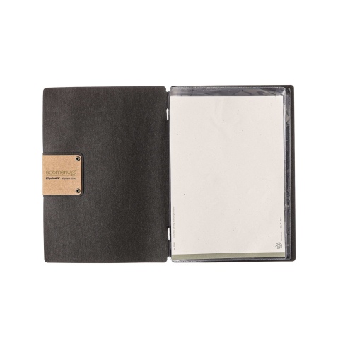 Porta Menu A5 (16,5x23,1 cm) etichetta PATCH "personalizzata" (minimo 18 pezzi) 2 buste (4 facciate) elastico nero ECOMENU NERO 