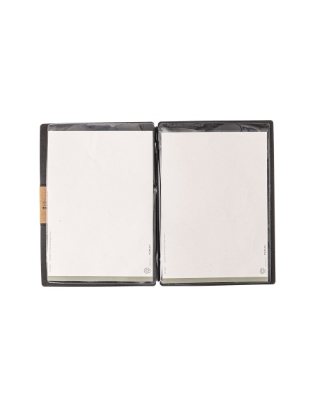 Porta Menu A5 (16,5x23,1 cm) etichetta PATCH "personalizzata" (minimo 18 pezzi) 2 buste (4 facciate) elastico nero ECOMENU NERO 