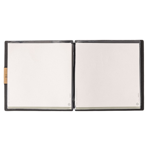 Porta Menu QUADRATO (23x23,1 cm) etichetta PATCH "personalizzata" (minimo 18 pezzi) 2 buste (4 facciate) elastico nero ECOMENU N