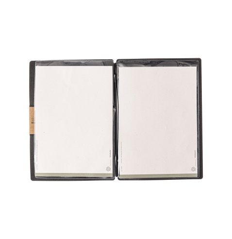 Porta Menu A5 (16,5x23,1 cm) etichetta PATCH "menu" 2 buste (4 facciate) elastico nero ECOMENU NERO sp. 0.6