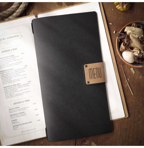 Porta Menu A4 SLIM (17,4x31,8 cm) etichetta PATCH "personalizzata" (minimo 18 pezzi) solo elastico nero ECOMENU NERO sp. 0.6
