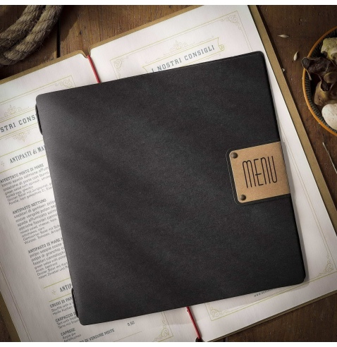 Porta Menu QUADRATO (23x23,1 cm) etichetta PATCH "personalizzata" (minimo 18 pezzi) solo elastico nero ECOMENU NERO sp. 0.6