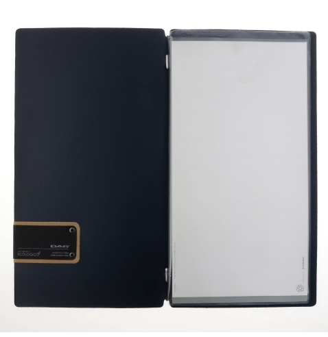 Porta Menu A4 SLIM (17,4x31,8 cm) etichetta PATCH "personalizzata" (minimo 18 pezzi) 2 buste (4 facciate) elastico nero CHEF BLU