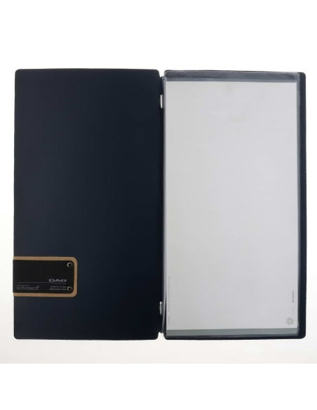 Porta Menu A4 SLIM (17,4x31,8 cm) etichetta PATCH "personalizzata" (minimo 18 pezzi) 2 buste (4 facciate) elastico nero CHEF BLU