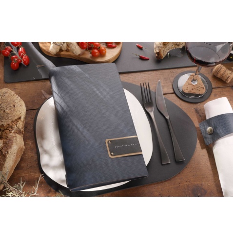 Porta Menu A4 SLIM (17,4x31,8 cm) etichetta PATCH "personalizzata" (minimo 18 pezzi) 2 buste (4 facciate) elastico nero CHEF BLU