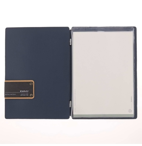 Porta Menu A5 (16,5x23,1 cm) etichetta PATCH "personalizzata" (minimo 18 pezzi) 2 buste (4 facciate) elastico nero CHEF BLU