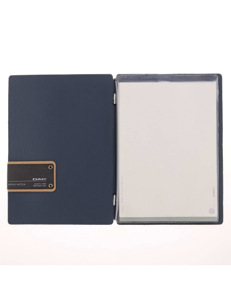 Porta Menu A5 (16,5x23,1 cm) etichetta PATCH "personalizzata" (minimo 18 pezzi) 2 buste (4 facciate) elastico nero CHEF BLU