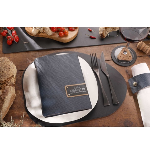 Porta Menu A5 (16,5x23,1 cm) etichetta PATCH "personalizzata" (minimo 18 pezzi) 2 buste (4 facciate) elastico nero CHEF BLU