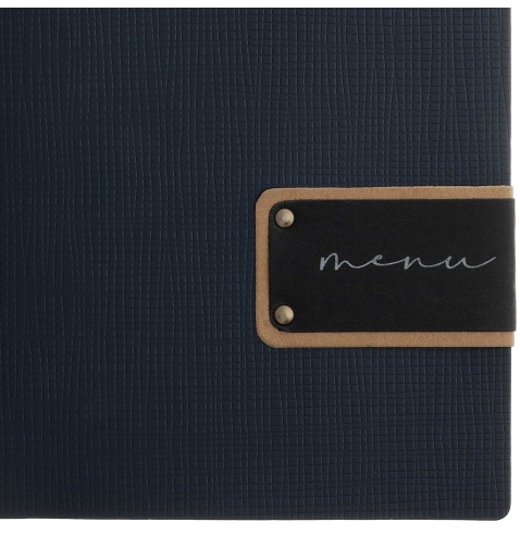 Porta Menu A4 SLIM (17,4x31,8 cm) etichetta PATCH "menu" 2 buste (4 facciate) elastico nero CHEF BLU