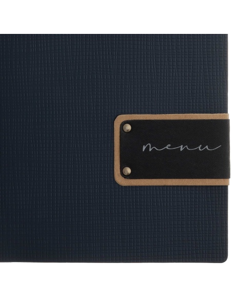 Porta Menu A4 SLIM (17,4x31,8 cm) etichetta PATCH "menu" 2 buste (4 facciate) elastico nero CHEF BLU