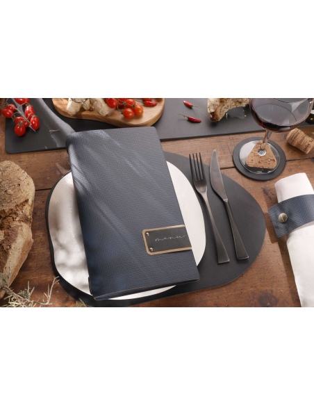 Porta Menu A4 SLIM (17,4x31,8 cm) etichetta PATCH "menu" 2 buste (4 facciate) elastico nero CHEF BLU