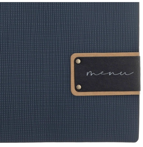 Porta Menu A4 (23,2x31,8 cm) etichetta PATCH "menu" 2 buste (4 facciate) elastico nero CHEF BLU
