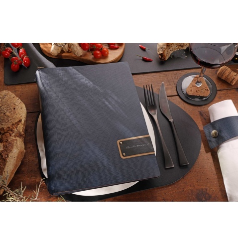 Porta Menu A4 (23,2x31,8 cm) etichetta PATCH "menu" 2 buste (4 facciate) elastico nero CHEF BLU