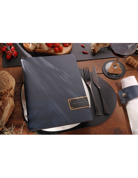 Porta Menu A4 (23,2x31,8 cm) etichetta PATCH "menu" 2 buste (4 facciate) elastico nero CHEF BLU