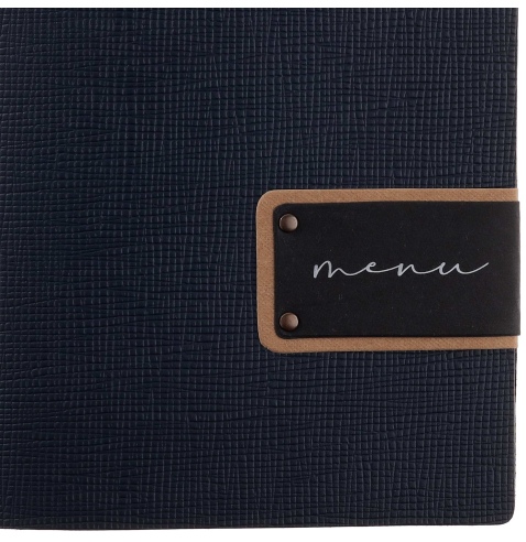 Porta Menu A5 (16,5x23,1 cm) etichetta PATCH "menu" 2 buste (4 facciate) elastico nero CHEF BLU