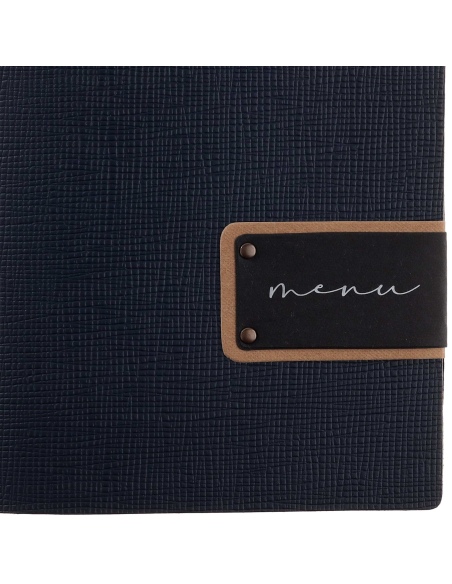 Porta Menu A5 (16,5x23,1 cm) etichetta PATCH "menu" 2 buste (4 facciate) elastico nero CHEF BLU