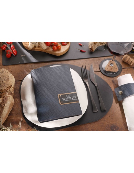 Porta Menu A5 (16,5x23,1 cm) etichetta PATCH "menu" 2 buste (4 facciate) elastico nero CHEF BLU