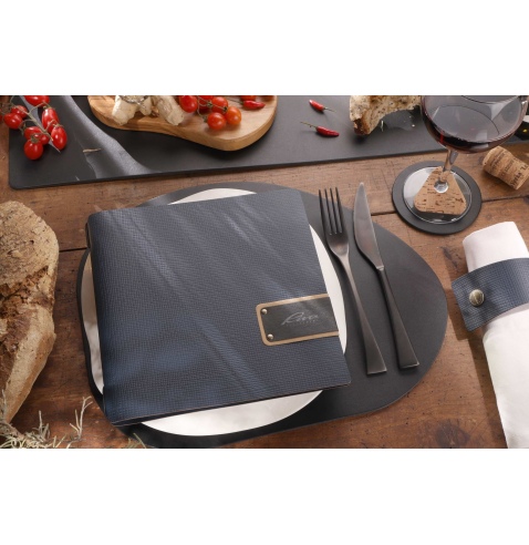 Porta Menu QUADRATO (23x23,1 cm) etichetta PATCH "menu" 2 buste (4 facciate) elastico nero CHEF BLU