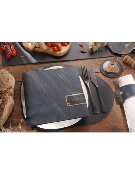 Porta Menu QUADRATO (23x23,1 cm) etichetta PATCH "menu" 2 buste (4 facciate) elastico nero CHEF BLU
