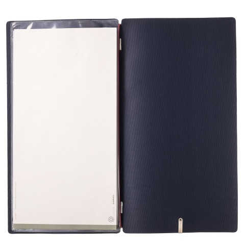 Porta Menu A4 SLIM (17,4x31,8 cm) etichetta METAL "menu" 2 buste (4 facciate) elastico rosso JUTA BLU