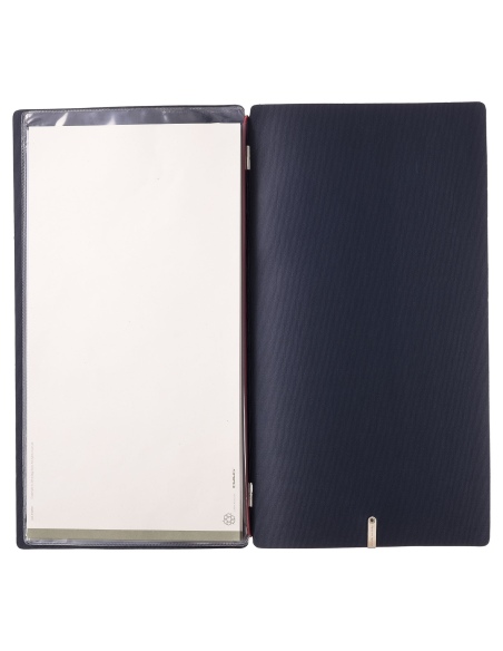 Porta Menu A4 SLIM (17,4x31,8 cm) etichetta METAL "menu" 2 buste (4 facciate) elastico rosso JUTA BLU