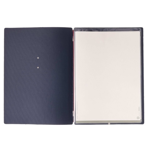 Porta Menu A4 (23,2x31,8 cm) etichetta METAL "menu" 2 buste (4 facciate) elastico rosso JUTA BLU
