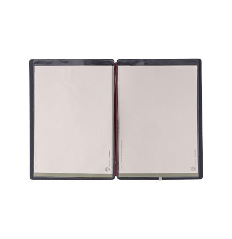 Porta Menu A5 (16,5x23,1 cm) etichetta METAL "menu" 2 buste (4 facciate) elastico rosso JUTA BLU
