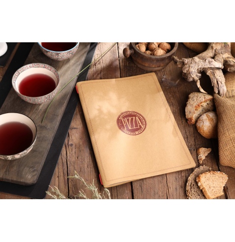 Porta Menu CUSTOM A4 (23,2x31,8 cm) "ROSSO PIZZA" 2 buste (4 facciate) elastico rosso ECO NATURALE sp. 0.6