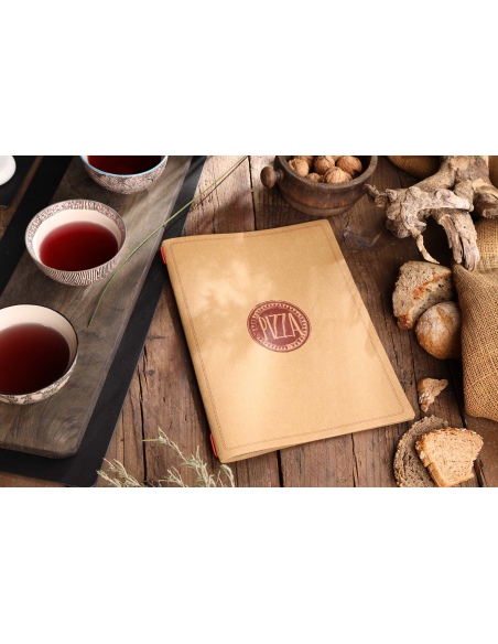 Porta Menu CUSTOM A4 (23,2x31,8 cm) "ROSSO PIZZA" 2 buste (4 facciate) elastico rosso ECO NATURALE sp. 0.6