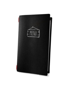 Porta Menu CUSTOM A4 SLIM (17,4x31,8 cm) "SALOON menu" 2 buste (4 facciate) elastico rosso ECO NERO sp. 0.6