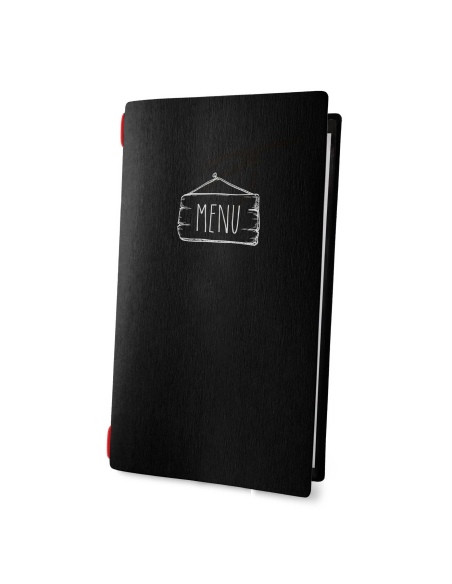 Porta Menu CUSTOM A4 SLIM (17,4x31,8 cm) "SALOON menu" 2 buste (4 facciate) elastico rosso ECO NERO sp. 0.6