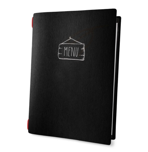 Porta Menu CUSTOM A4 (23,2x31,8 cm) "SALOON menu" 2 buste (4 facciate) elastico rosso ECO NERO sp. 0.6