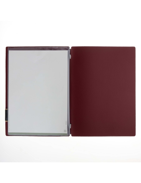 Porta Menu A4 (23,2x31,8 cm) etichetta PATCH "personalizzata" (minimo 18 pezzi) 2 buste (4 facciate) elastico nero CHEF BORDEAUX