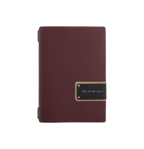 Porta Menu A5 (16,5x23,1 cm) etichetta PATCH "personalizzata" (minimo 18 pezzi) 2 buste (4 facciate) elastico nero CHEF BORDEAUX