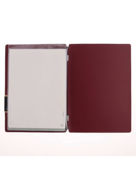Porta Menu A5 (16,5x23,1 cm) etichetta PATCH "personalizzata" (minimo 18 pezzi) 2 buste (4 facciate) elastico nero CHEF BORDEAUX