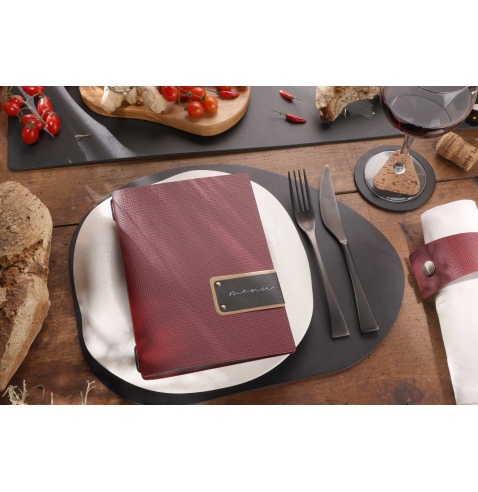 Porta Menu A5 (16,5x23,1 cm) etichetta PATCH "personalizzata" (minimo 18 pezzi) 2 buste (4 facciate) elastico nero CHEF BORDEAUX