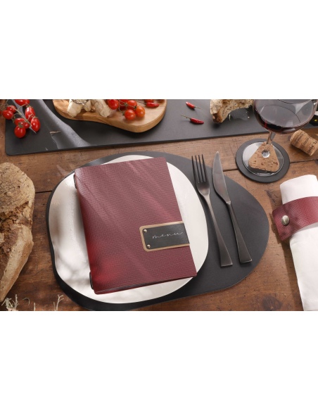 Porta Menu A5 (16,5x23,1 cm) etichetta PATCH "personalizzata" (minimo 18 pezzi) 2 buste (4 facciate) elastico nero CHEF BORDEAUX