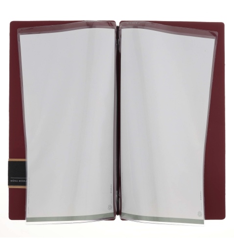 Porta Menu A4 SLIM (17,4x31,8 cm) etichetta PATCH "menu" 2 buste (4 facciate) elastico nero CHEF BORDEAUX