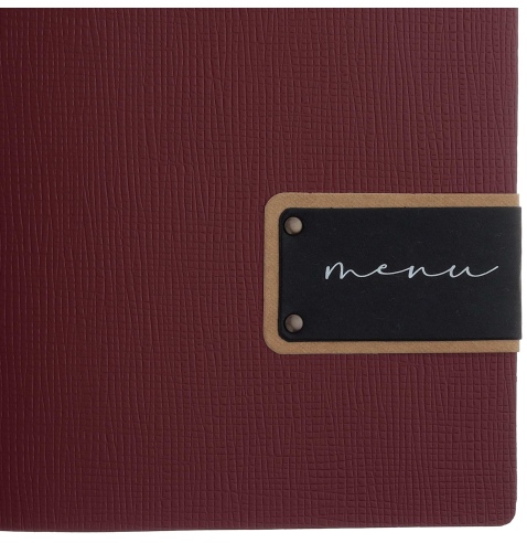 Porta Menu A4 SLIM (17,4x31,8 cm) etichetta PATCH "menu" 2 buste (4 facciate) elastico nero CHEF BORDEAUX