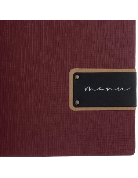 Porta Menu A4 SLIM (17,4x31,8 cm) etichetta PATCH "menu" 2 buste (4 facciate) elastico nero CHEF BORDEAUX
