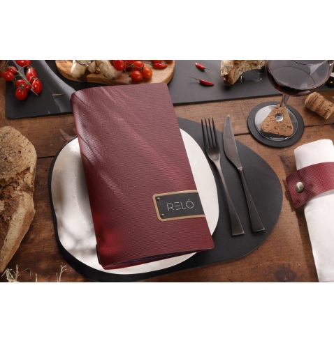 Porta Menu A4 SLIM (17,4x31,8 cm) etichetta PATCH "menu" 2 buste (4 facciate) elastico nero CHEF BORDEAUX