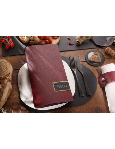 Porta Menu A4 SLIM (17,4x31,8 cm) etichetta PATCH "menu" 2 buste (4 facciate) elastico nero CHEF BORDEAUX