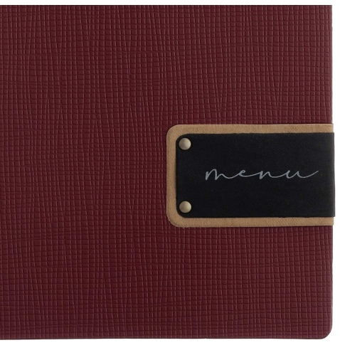 Porta Menu A4 (23,2x31,8 cm) etichetta PATCH "menu" 2 buste (4 facciate) elastico nero CHEF BORDEAUX