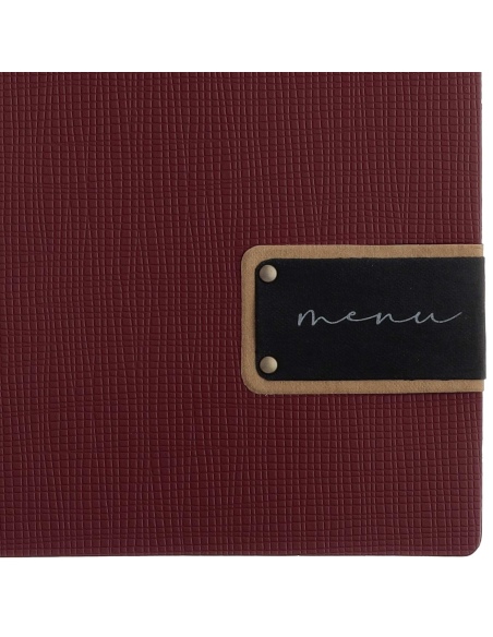 Porta Menu A4 (23,2x31,8 cm) etichetta PATCH "menu" 2 buste (4 facciate) elastico nero CHEF BORDEAUX